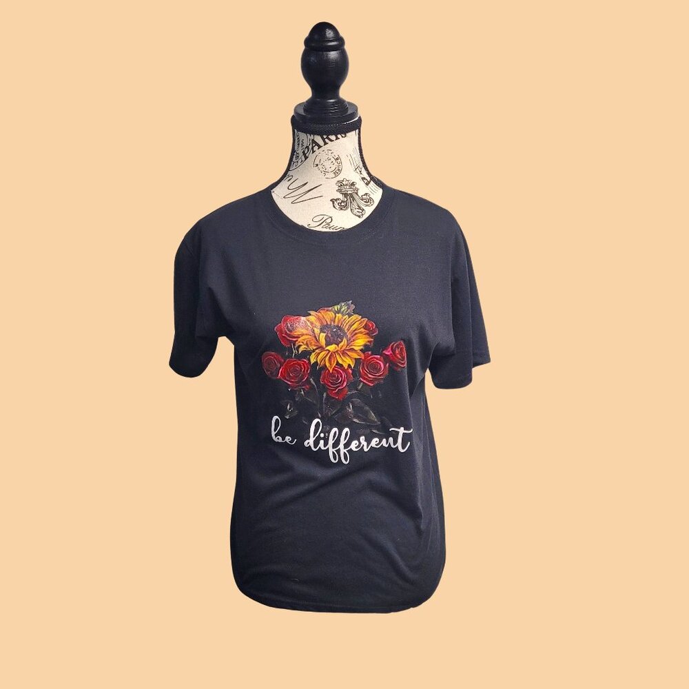 Lilicloth Black with Sunflower and Red Roses T-Shirt Be Different - NWOT